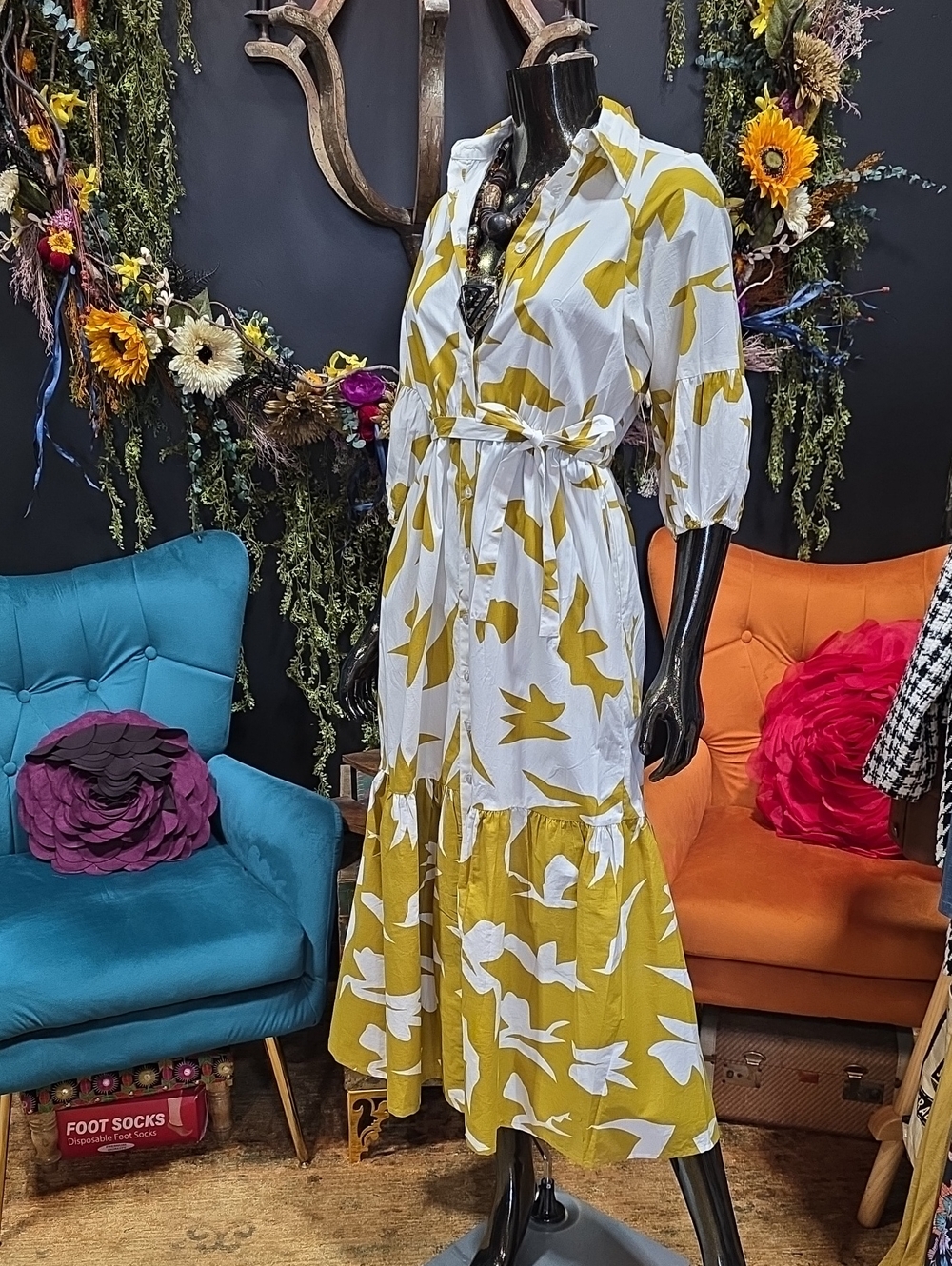 Naoo White & Mustard Green Floral Tie-Waist Button Down Maxi Dress